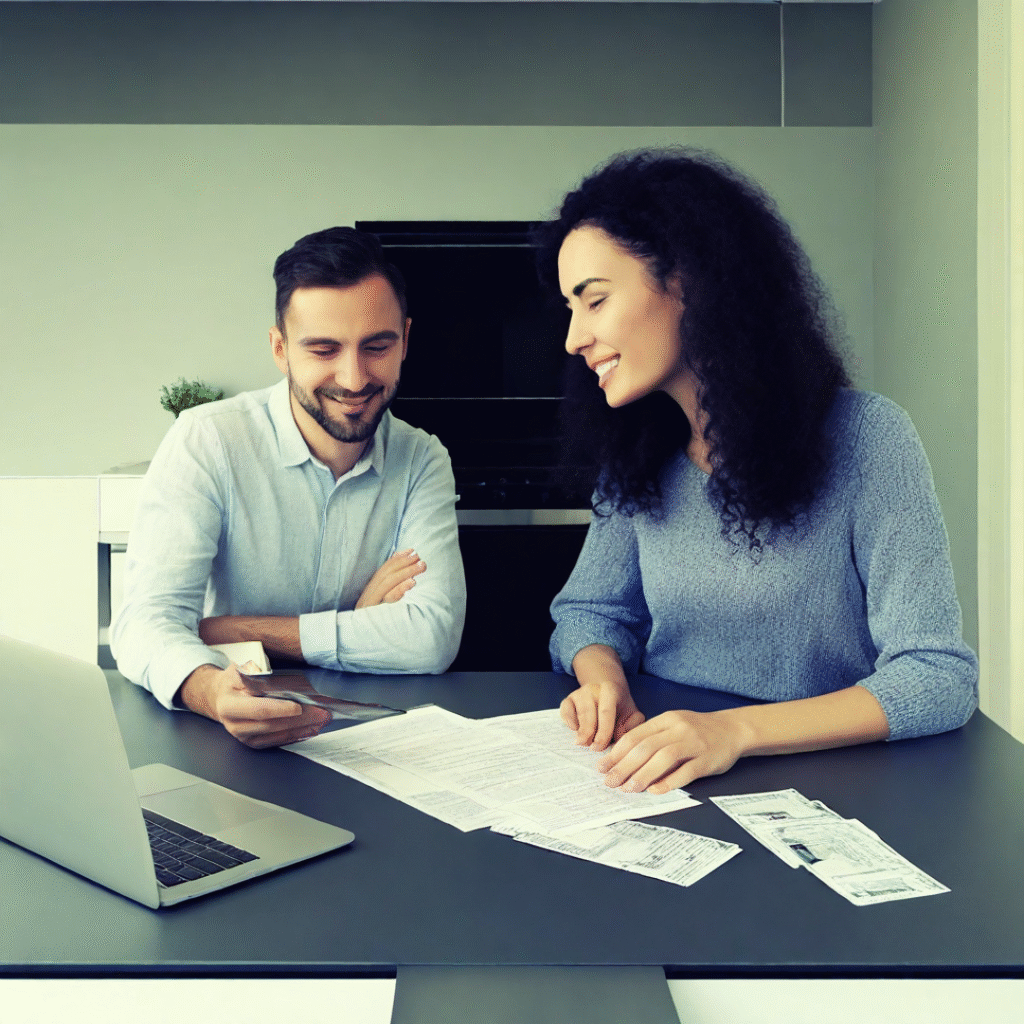 Loan consolidation stress relief – person reviewing single monthly payment plan with peace of mind