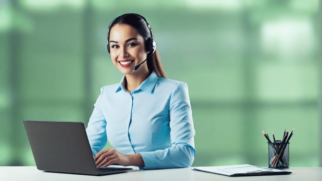 "Friendly debt relief customer support agent at modern office desk with headset, ready to help — financial assistance FAQ support background"